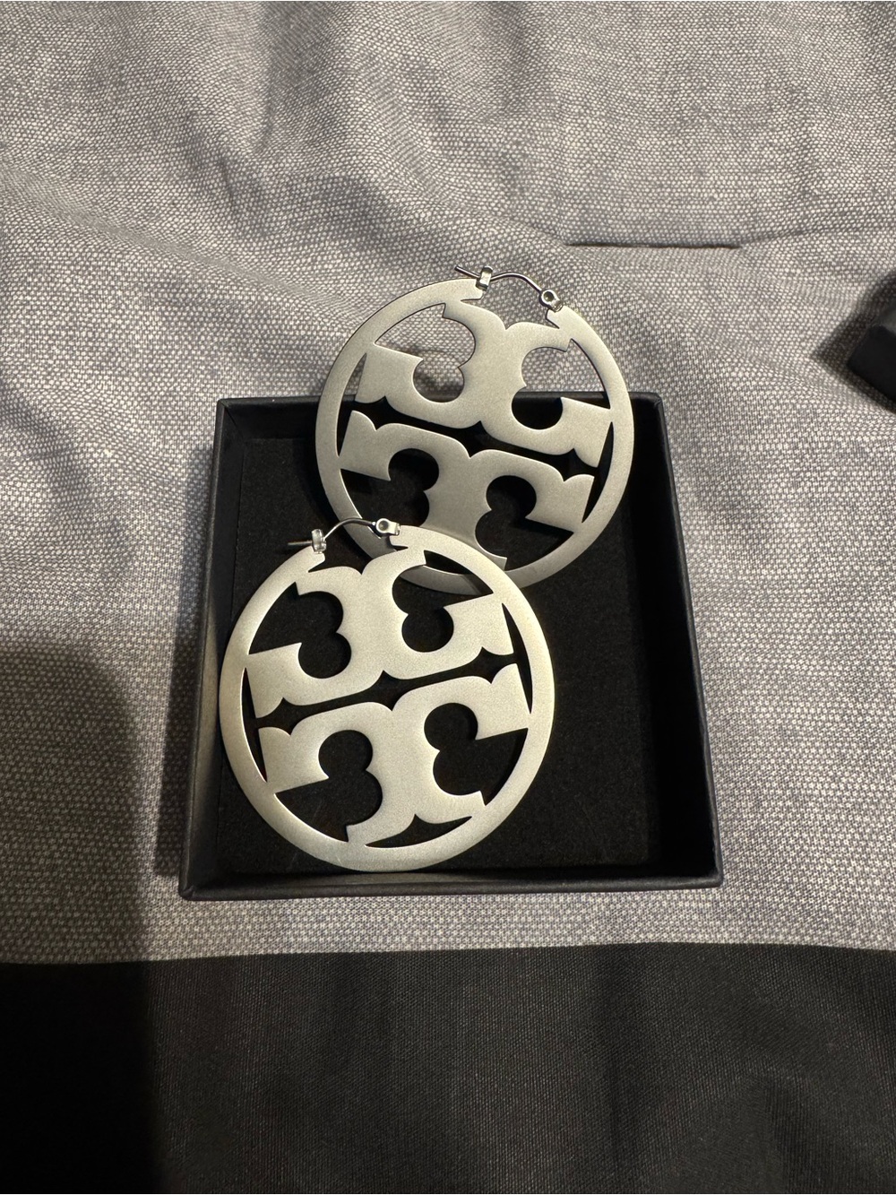 Tory Burch Silver Logo Cutout Hoop Earrings